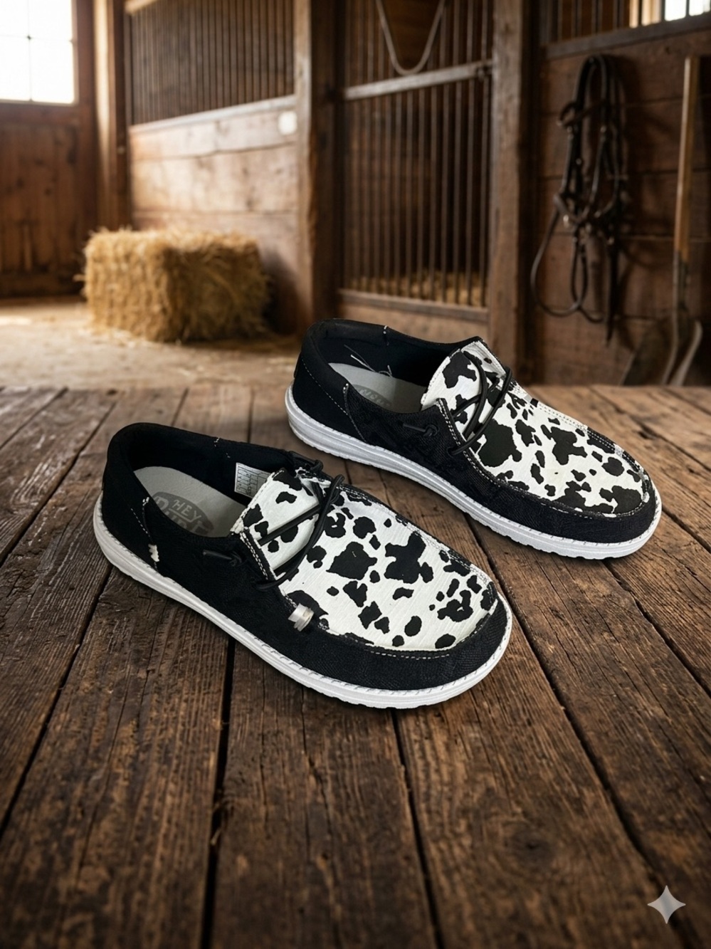Hey Dude Women's Black & White Cow-Print Slip-On Loafers